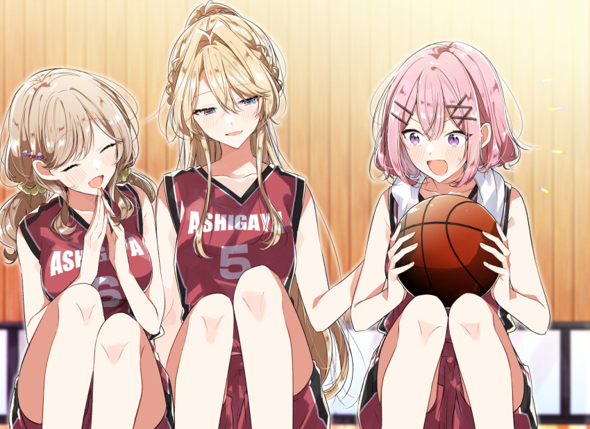 3girls ^_^ alternate_hairstyle amaori_renako bangs basketball blonde_hair blush brown_hair closed_eyes hair_ornament hand_on_another's_back highres holding low_twintails multiple_girls official_art open_mouth ouzuka_mai pink_hair ponytail sena_ajisai sitting smile sportswear takeshima_eku thighs tower twintails watashi_ga_koibito_ni_nareru_wake_naijan_murimuri x_hair_ornament