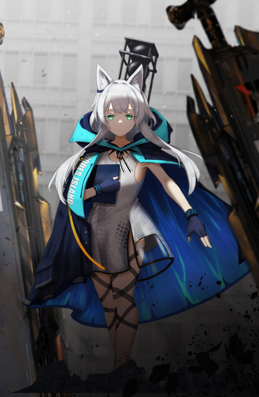 1girl absurdres animal_ear_fluff animal_ears arknights bangs black_gloves blue_cape book bracelet cape cat_ears closed_mouth clothes_writing dress fingerless_gloves floating floating_object full_body gloves green_eyes grey_dress grey_hair highres holding holding_book infection_monitor_(arknights) jewelry leg_ribbon long_hair ribbon rosmontis_(arknights) see-through short_dress solo standing suzutaro