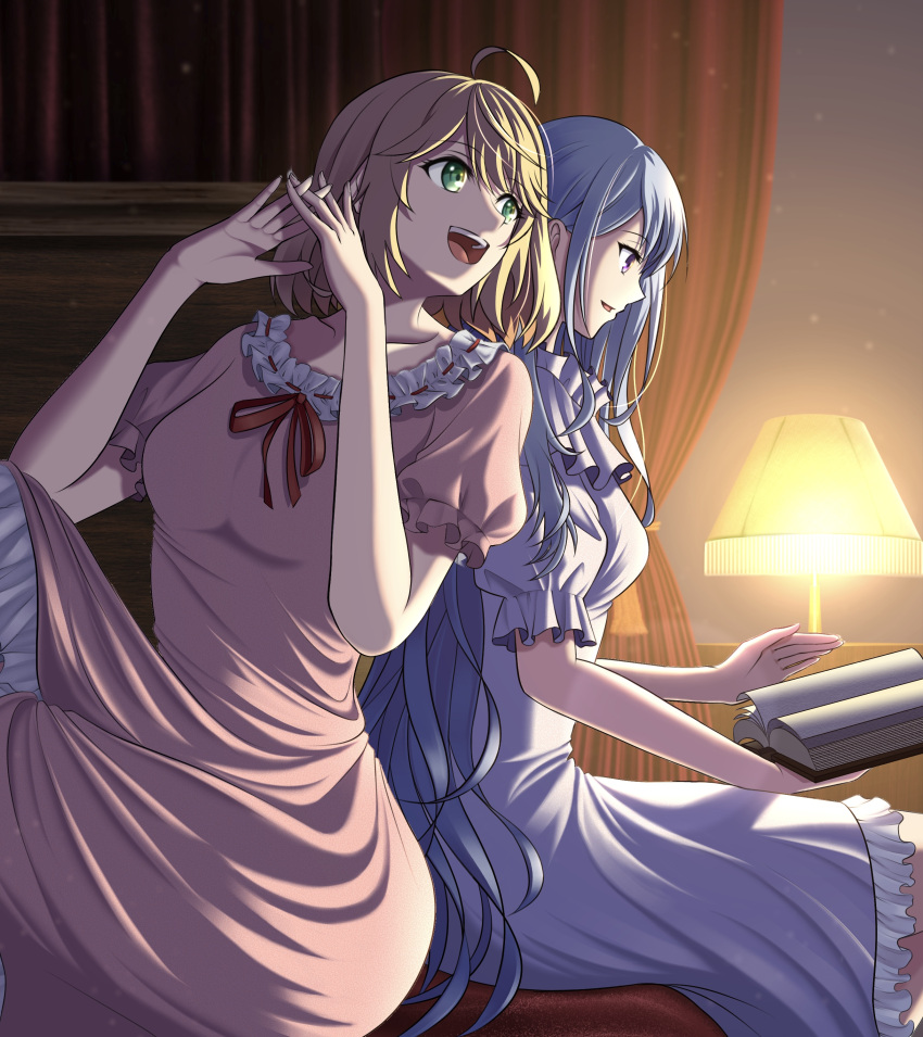 2girls absurdres ahoge anisphia_wynn_palettia back-to-back bangs bare_shoulders blonde_hair blue_eyes blush book breasts collar dress euphyllia_magenta frilled_collar frilled_sleeves frills green_eyes grey_hair hair_ribbon headboard highres indoors kepekki_kanojo lamp long_hair md5_mismatch medium_breasts multiple_girls neck_ribbon nightgown open_mouth reading red_ribbon resolution_mismatch ribbon short_hair sitting smile source_larger steepled_fingers teeth tensei_oujo_to_tensai_reijou_no_mahou_kakumei tongue very_long_hair white_dress window