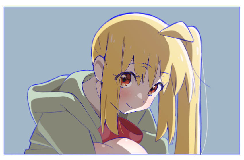 1girl ahoge bangs blonde_hair blue_background blush bocchi_the_rock! border bow bowtie closed_mouth green_jacket hugging_own_legs ijichi_nijika jacket komipe512 long_hair looking_at_viewer red_bow red_bowtie red_eyes side_ponytail simple_background solo upper_body