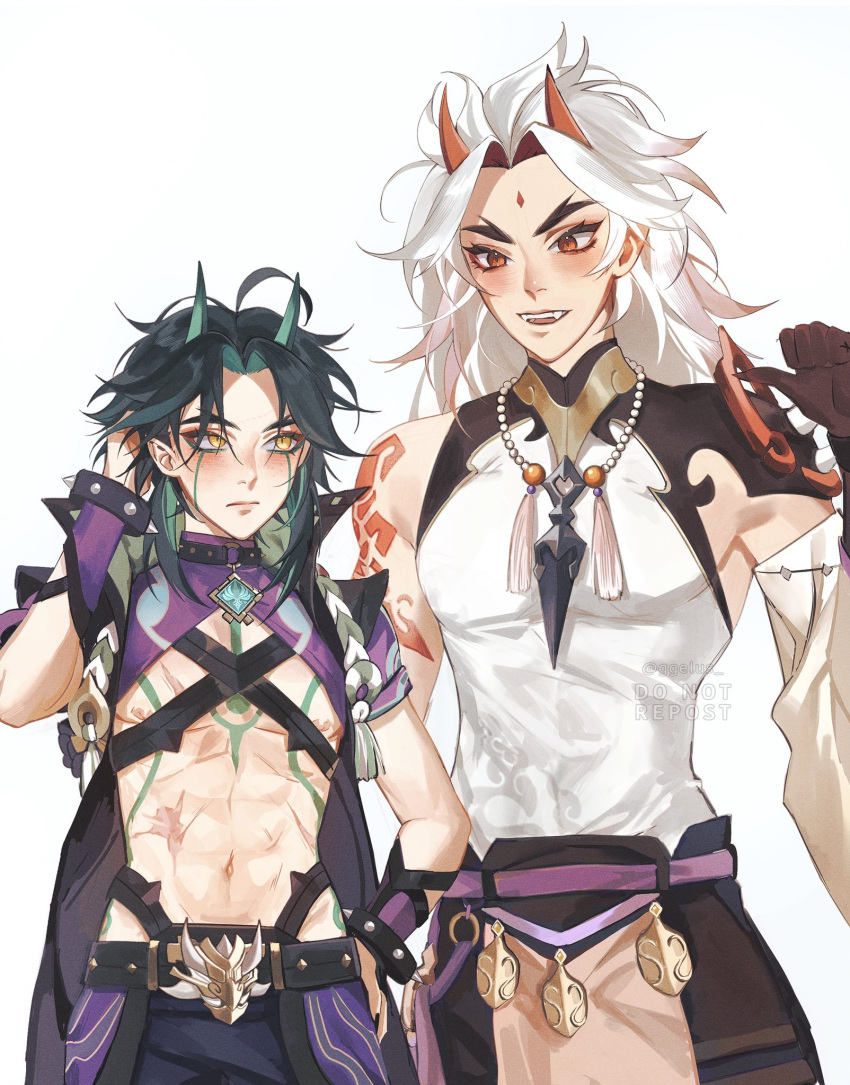 2boys abs ahoge arataki_itto arm_up bangs bare_shoulders bead_necklace beads belt black_hair blush closed_mouth eyelashes eyeshadow facial_mark genshin_impact ggelus green_hair highres horns jacket jewelry looking_at_another makeup male_focus mandarin_collar multicolored_hair multiple_boys muscular narrow_waist navel necklace open_clothes open_mouth parted_bangs pointy_ears red_eyes scar scar_on_stomach shirt simple_background sleeveless sleeveless_shirt standing tassel tattoo teeth upper_teeth_only white_background white_hair xiao_(genshin_impact) yellow_eyes