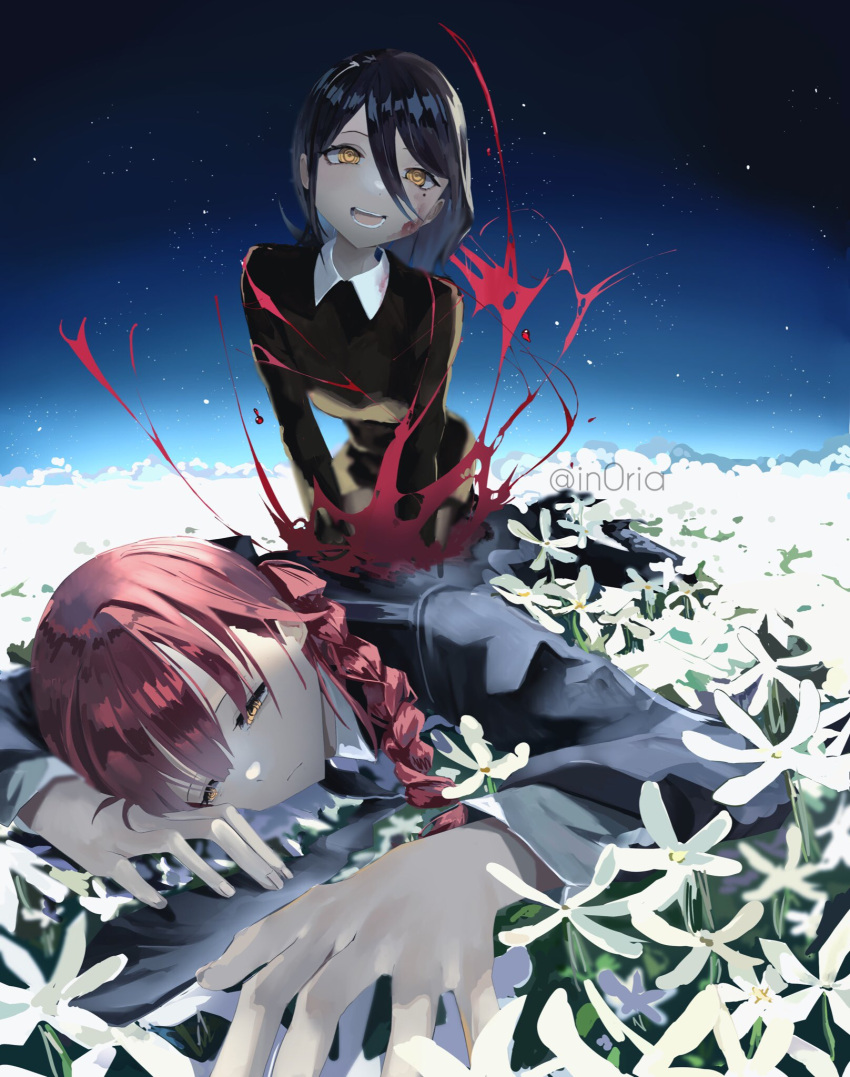 2girls bangs black_coat black_dress black_hair blood blood_on_clothes blood_on_face braid braided_ponytail chainsaw_man coat commentary dress field flower flower_field formal hair_between_eyes half-closed_eyes highres in0ria looking_at_viewer looking_down lying makima_(chainsaw_man) medium_hair multiple_girls nayuta_(chainsaw_man) night night_sky on_stomach open_mouth red_hair reincarnation ringed_eyes short_hair sidelocks sky star_(sky) starry_sky suit twitter_username white_flower yellow_eyes
