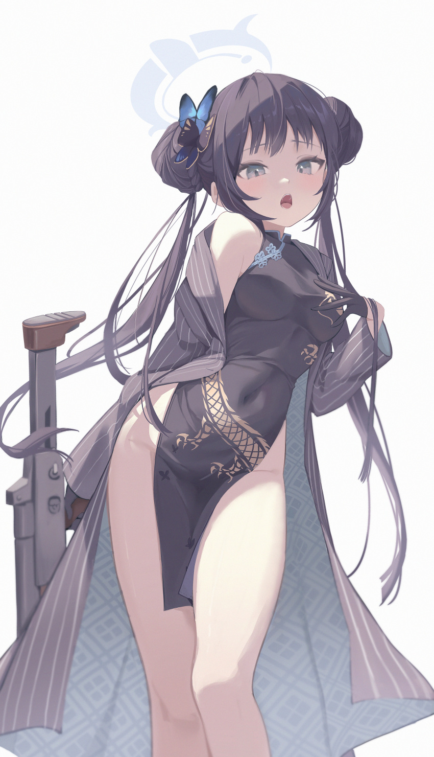 1girl absurdres bare_legs bare_shoulders black_dress black_hair blue_archive breasts butterfly_hair_ornament china_dress chinese_clothes coat coat_on_shoulders contrapposto covered_navel cs/ls06 double_bun dragon_print dress fang feet_out_of_frame grey_eyes gun hair_bun hair_ornament halo highres kisaki_(blue_archive) long_hair looking_at_viewer midori_xu open_mouth pelvic_curtain pinstripe_jacket pinstripe_pattern print_dress side_slit simple_background sleeveless sleeveless_dress solo striped submachine_gun vertical-striped_coat very_long_hair weapon