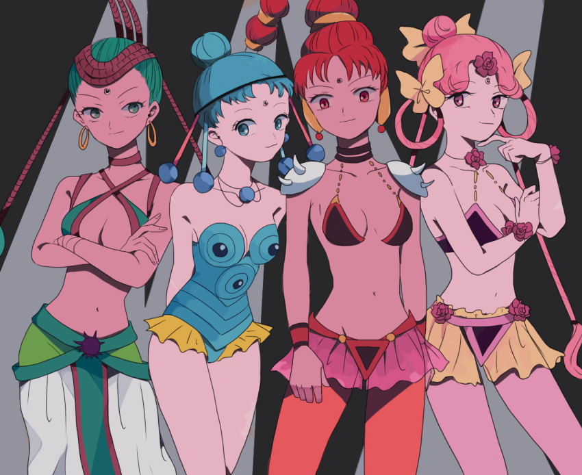 4girls amazons_quartet armor bishoujo_senshi_sailor_moon black_choker blue_eyes blue_hair blue_leotard bow bracelet braid breasts cerecere_(sailor_moon) choker earrings eyelashes facial_mark flower forehead_mark green_eyes grey_hair haikyoyori hair_bow hair_bun hip_bones hoop_earrings jewelry junjun_(sailor_moon) large_breasts leotard multiple_girls navel necklace pallapalla_(sailor_moon) pink_eyes pink_flower pink_hair red_eyes red_hair serious short_hair shoulder_armor single_hair_bun smile very_short_hair vesves_(sailor_moon) yellow_bow