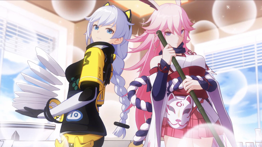 2girls animal_ears bare_shoulders black_jacket blue_eyes braid braided_ponytail broom closed_mouth commentary english_commentary fox_ears fox_mask grin highres holding holding_broom holding_plate honkai_(series) honkai_impact_3rd indoors jacket japanese_clothes kallen_kaslana kallen_kaslana_(ritual_imayoh) kimono kitchen long_hair long_sleeves looking_at_viewer mask miko multiple_girls nontraditional_miko official_art pink_hair pink_skirt plate purple_eyes short_kimono skirt smile teeth third-party_source white_hair white_kimono white_sleeves yae_sakura yae_sakura_(gyakushinn_miko)