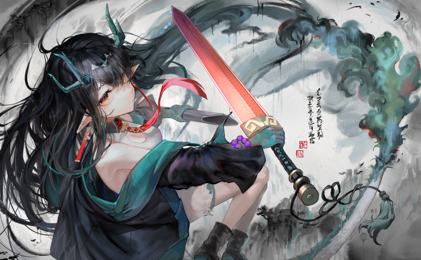 1girl a0lp aqua_hair aqua_skin arknights black_coat black_hair black_jacket breasts cleavage_cutout closed_mouth clothing_cutout coat colored_skin dragon_horns dragon_tail dress dusk_(arknights) earrings expressionless gradient_skin highres holding holding_sword holding_weapon horns jacket jewelry long_hair medium_breasts multicolored_hair necktie off_shoulder open_clothes open_coat pointy_ears red_eyes red_necktie sleeveless sleeveless_dress solo sword tail two-tone_hair weapon white_dress
