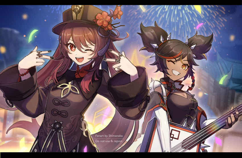 2girls aerial_fireworks bangs black_dress black_hair black_headwear black_nails black_shorts breasts brown_eyes brown_hair brown_jacket cleavage cleavage_cutout clothing_cutout commentary detached_sleeves double_v dress fireworks genshin_impact grin hair_between_eyes hands_up hat holding holding_instrument hu_tao_(genshin_impact) instrument instrument_request jacket jewelry letterboxed long_hair long_sleeves looking_at_viewer medium_breasts multicolored_hair multiple_girls nail_polish red_eyes red_hair red_shirt ring shimanakao_(shimanaka_sushi) shirt shorts smile spikes streaked_hair symbol-only_commentary twintails v very_long_hair white_sleeves xinyan_(genshin_impact)