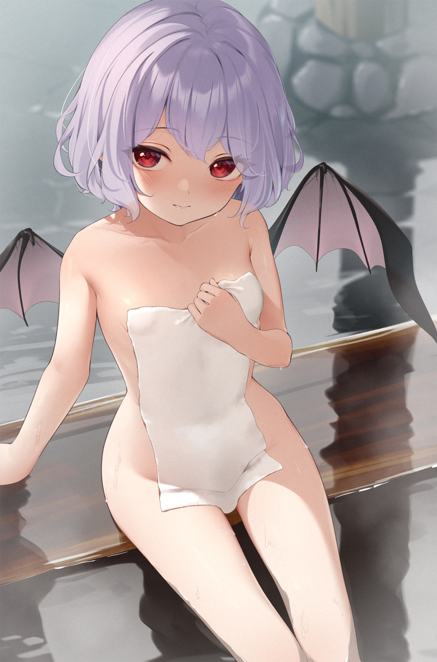 1girl arm_support bangs bath blush breasts closed_mouth collarbone completely_nude covering covering_breasts demon_wings eyelashes fang hair_between_eyes highres kanpa_(campagne_9) light_purple_hair looking_at_viewer nude nude_cover ofuro onsen red_eyes remilia_scarlet short_hair sitting small_breasts soaking_feet solo touhou water white_towel wings