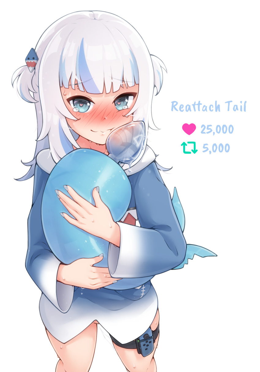 1girl anal_fluid anal_tail bangs blue_hair blue_hoodie blush english_text fake_tail feet_out_of_frame fish_tail gawr_gura green_eyes green_nails hair_ornament heart heart_in_eye highres hololive hololive_english hood hoodie joy-con like_and_retweet long_hair long_sleeves meme merrytail multicolored_hair nail_polish shark_girl shark_hair_ornament shark_tail simple_background smile solo standing streaked_hair symbol_in_eye tail tearing_up twitter_strip_game_(meme) two_side_up virtual_youtuber wavy_mouth white_background white_hair white_hoodie