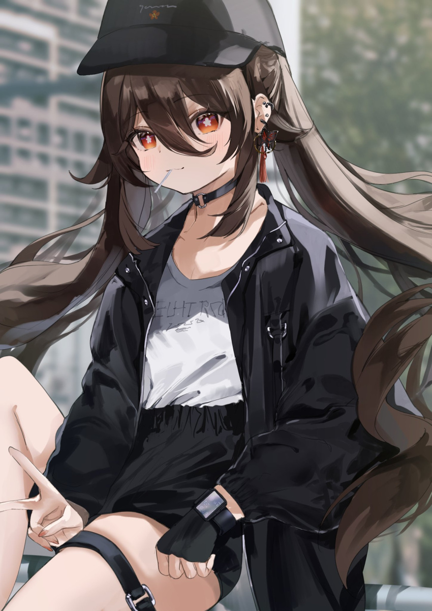 1girl :3 alternate_costume bangs baseball_cap black_choker black_gloves black_headwear black_jacket black_shorts blurry blurry_background blush brown_hair building butterfly_earrings candy choker closed_mouth contemporary ear_piercing earrings fingerless_gloves floating_hair flower-shaped_pupils food food_in_mouth genshin_impact gloves hair_between_eyes hair_flaps half_updo hat high-waist_shorts highres hoop_earrings hu_tao_(genshin_impact) jacket jewelry knee_up lollipop long_hair long_sleeves looking_at_viewer mouth_hold multiple_piercings o-ring o-ring_choker open_clothes open_jacket outdoors piercing puffy_long_sleeves puffy_sleeves red_eyes shirt shirt_tucked_in short_shorts shorts sidelocks single_fingerless_glove sitting smartwatch solo symbol-shaped_pupils tassel tassel_earrings thigh_strap thighs twintails ume_(plumblossom) v very_long_hair watch white_shirt wristwatch