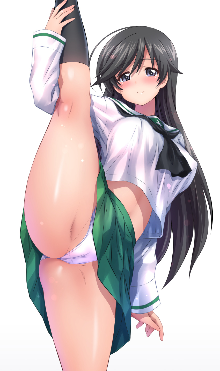 1girl absurdres black_hair black_neckerchief black_socks blue_eyes blush breasts cameltoe girls_und_panzer highres isuzu_hana kamogawa_tanuki kneehighs large_breasts leg_lift long_hair looking_at_viewer neckerchief ooarai_school_uniform paid_reward_available panties school_uniform serafuku simple_background smile socks solo split standing standing_on_one_leg standing_split underwear white_background white_panties