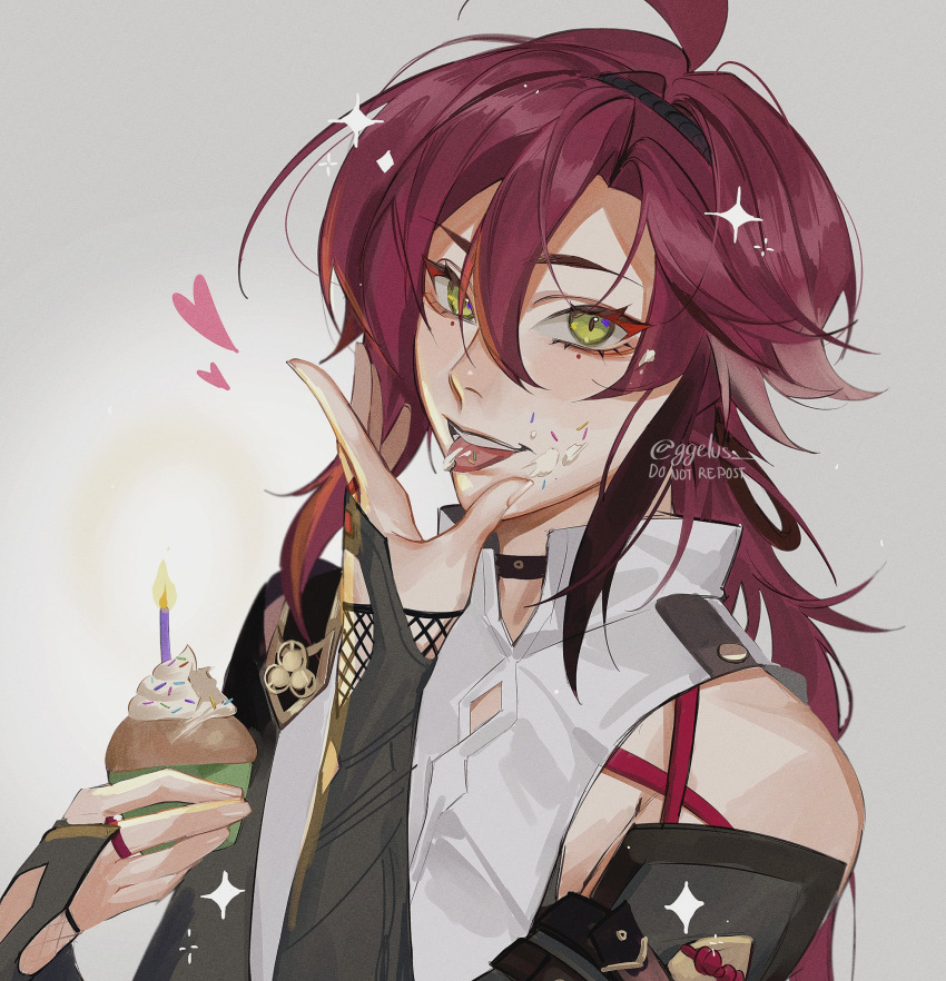 1boy :p ahoge armor bangs bare_shoulders black_choker black_gloves black_hairband candle choker cupcake eyelashes fingerless_gloves food food_on_face genshin_impact ggelus gloves green_eyes hair_between_eyes hairband hand_up heart highres holding holding_food japanese_armor kote long_hair looking_at_viewer low_ponytail male_focus mole mole_under_eye ponytail red_hair shikanoin_heizou shirt simple_background sleeveless sleeveless_shirt smile solo sparkle tongue tongue_out upper_body