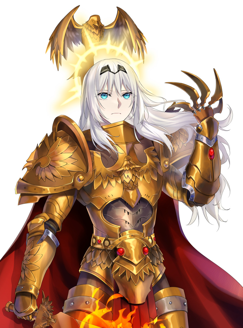 1girl absurdres an-94_(girls'_frontline) aqua_eyes armor bangs claws cloak commission cosplay cowboy_shot emperor_of_mankind emperor_of_mankind_(cosplay) flaming_sword flaming_weapon girls'_frontline gold_armor grey_hair halo highres holding holding_sword holding_weapon long_hair pauldrons pixiv_commission power_armor red_cloak shoulder_armor solo standing suprii sword warhammer_40k weapon