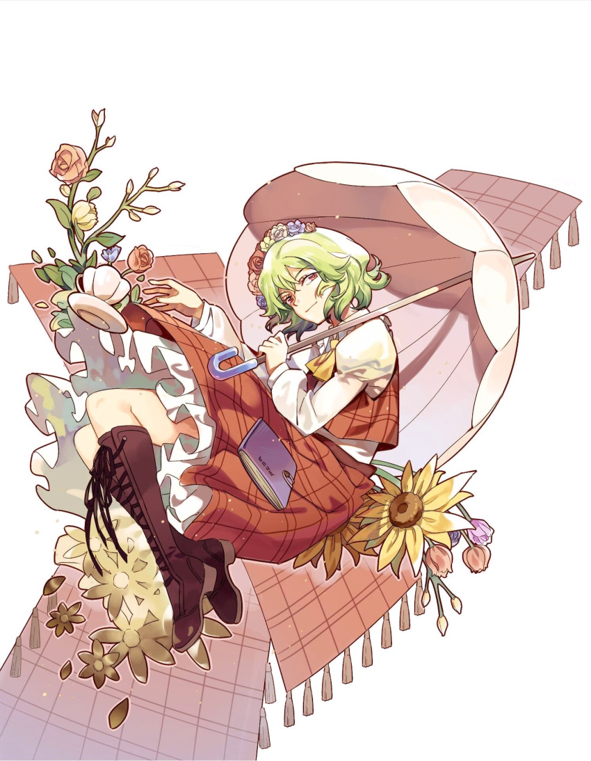 1girl ascot bangs black_footwear blanket book boots closed_mouth commentary_request cup flower full_body green_hair head_wreath highres holding holding_umbrella juliet_sleeves kazami_yuuka knee_boots long_sleeves looking_at_viewer lying medium_hair on_side parasol petticoat plaid plaid_skirt plaid_vest puffy_sleeves red_eyes red_skirt red_vest saucer skirt solo sunflower teacup touhou umbrella vest wavy_hair white_background yayin_(yayin233) yellow_ascot