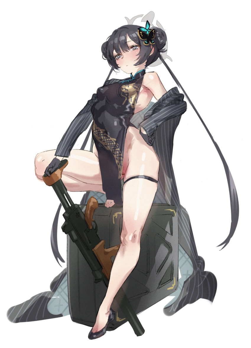 1girl agaver123 bangs bare_legs barefoot black_dress black_footwear black_gloves black_hair blue_archive breasts butterfly_hair_ornament china_dress chinese_clothes cs/ls06 double_bun dress full_body gloves grey_eyes gun hair_bun hair_ornament halo highres jacket kisaki_(blue_archive) looking_at_viewer open_clothes open_jacket shoes simple_background single_shoe skindentation small_breasts solo striped striped_jacket submachine_gun thighs weapon white_background