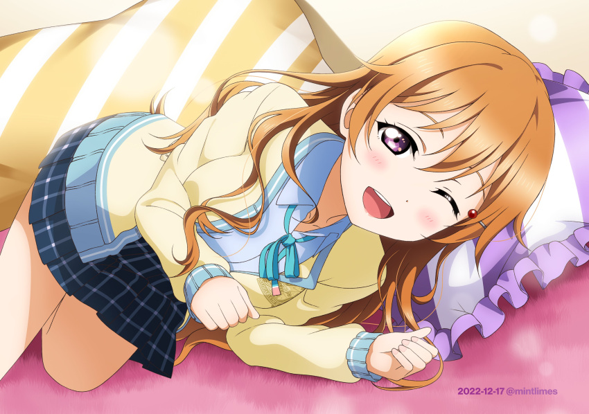 1girl absurdres bangs collarbone commentary_request dated hair_ornament highres jacket konoe_kanata long_hair looking_at_viewer love_live! love_live!_nijigasaki_high_school_idol_club lying nijigasaki_academy_school_uniform on_side one_eye_closed orange_hair purple_eyes school_uniform sidelocks smile soul_evan striped_pillow twitter_username wavy_hair yellow_jacket