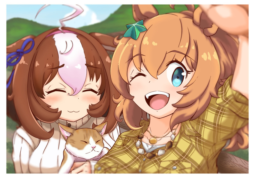 2girls :3 ;d ^_^ ahoge animal animal_ears blue_eyes breasts brown_hair cat closed_eyes commentary facing_viewer hair_between_eyes hair_ornament highres holding holding_animal holding_cat horse_ears horse_girl large_breasts light_brown_hair meisho_doto_(umamusume) meto_(cat) multicolored_hair multiple_girls one_eye_closed plaid plaid_shirt ponytail real_life shirt short_hair smile star_(symbol) star_hair_ornament sweater taiki_shuttle_(umamusume) two-tone_hair umamusume white_hair white_sweater ys_0929