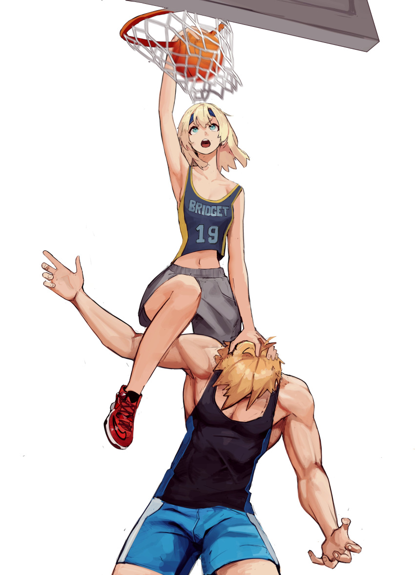 2boys absurdres alternate_costume ball basketball basketball_hoop basketball_uniform blonde_hair bridget_(guilty_gear) character_name guilty_gear guilty_gear_strive highres holding holding_ball ky_kiske medium_hair meme multiple_boys otoko_no_ko playing_sports shoes shorts sneakers sportswear tefi_blum venom_dunking_on_spider-man_(meme) white_background