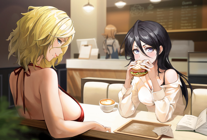 3girls absurdres alternate_costume arm_rest backless_dress backless_outfit bangs black_hair bleach bleach:_the_thousand-year_blood_war blonde_hair blue_eyes blurry blurry_background book breasts cashier coffee coffee_cup collared_shirt cup disposable_cup dress eating elbows_on_table food hair_between_eyes hanging_light highres holding holding_food indoors kuchiki_rukia large_breasts light_blush lips long_bangs long_hair looking_at_viewer matsumoto_rangiku menu mole mole_under_mouth multiple_girls off_shoulder open_book red_dress restaurant sandwich shirt short_hair sideboob sitting sleeveless sleeveless_dress smile tray wellsy white_shirt