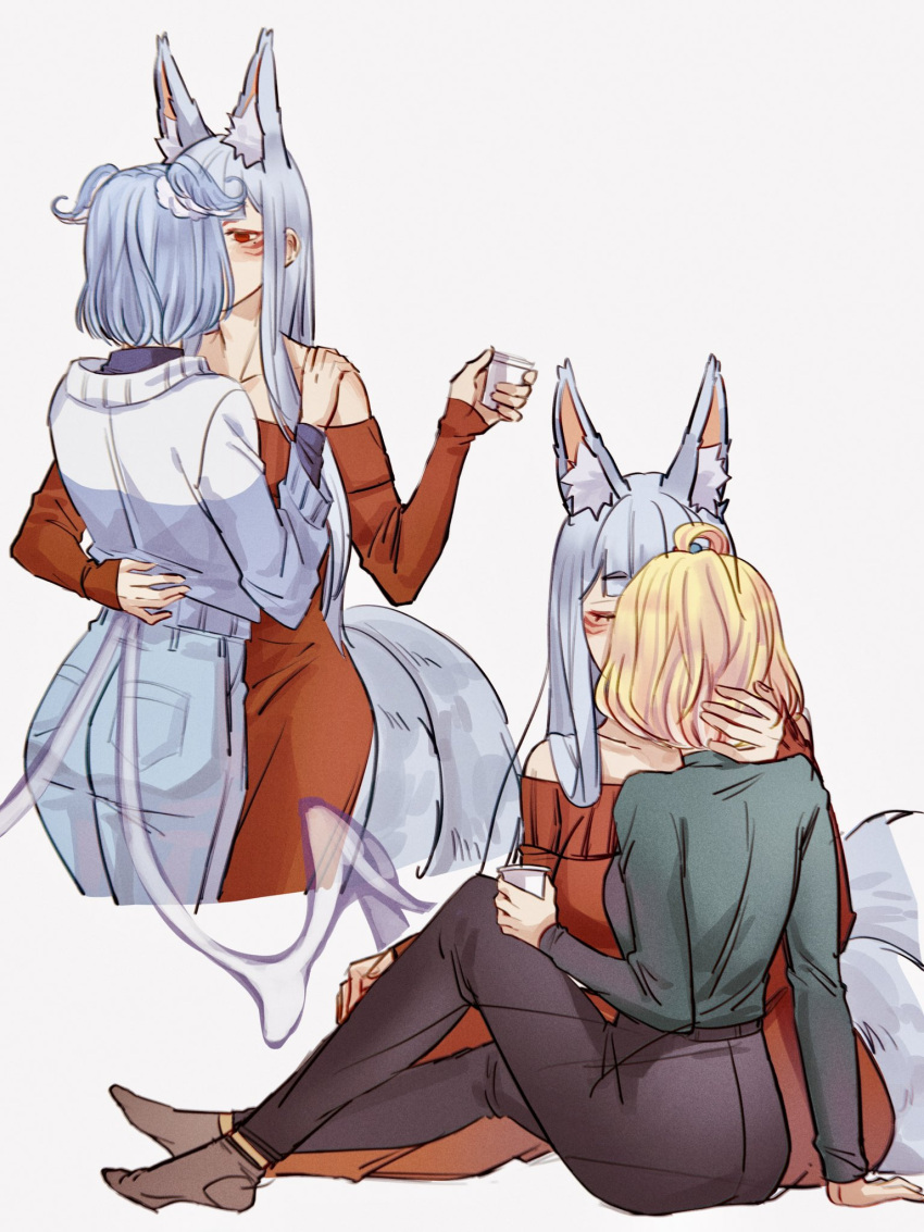 3girls alternate_costume animal_ears bangs black_pants black_socks blonde_hair blue_shirt blue_wings bob_cut breasts collarbone cup denim dragon_tail dress elira_pendora extra_ears eyeshadow fox_ears fox_girl fox_tail green_shirt grey_hair head_wings highres holding holding_cup jeans kiss large_breasts long_sleeves makeup medium_hair millie_parfait mole mole_under_eye multicolored_hair multiple_girls multiple_tails nijisanji nijisanji_en nina_kosaka official_alternate_hairstyle pants premium_honey red_dress red_eyeliner red_eyes red_eyeshadow shirt short_eyebrows short_hair socks sweater tail virtual_youtuber white_background white_hair white_sweater wings yuri