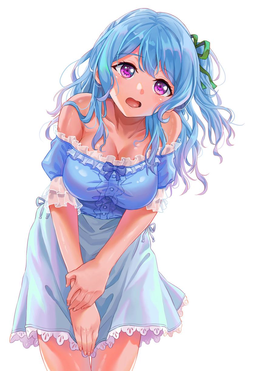 1girl absurdres bang_dream! blue_dress blue_hair breasts cleavage dress elocca green_ribbon highres hunched_over large_breasts light_blue_hair long_hair looking_down matsubara_kanon one_side_up open_mouth purple_eyes ribbon