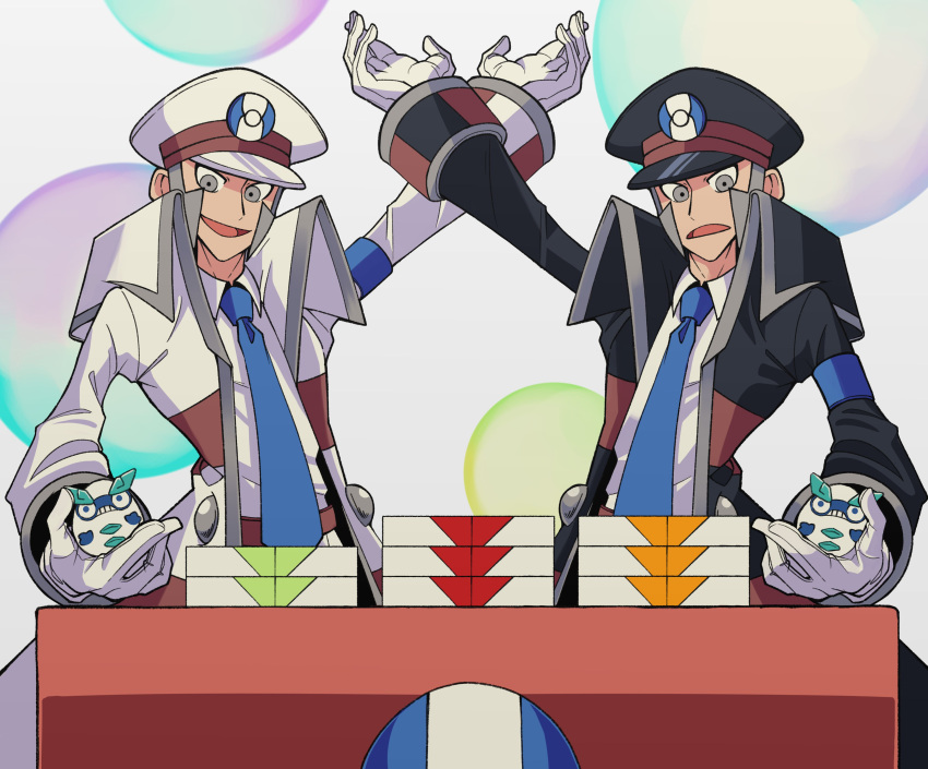 2boys :d absurdres arm_up arms_up belt bento black_coat black_headwear blue_necktie brothers brown_belt character_doll coat collared_shirt commentary dress_shirt emmet_(pokemon) galarian_darumaka gloves grey_eyes grey_hair hat high_collar highres holding ingo_(pokemon) long_sideburns long_sleeves looking_down male_focus multiple_boys necktie open_mouth peaked_cap pokemon pokemon:_mezase_pokemon_master pokemon_(anime) rei_(esprei96) shirt short_hair siblings sideburns smile tongue trench_coat white_coat white_gloves white_headwear white_shirt