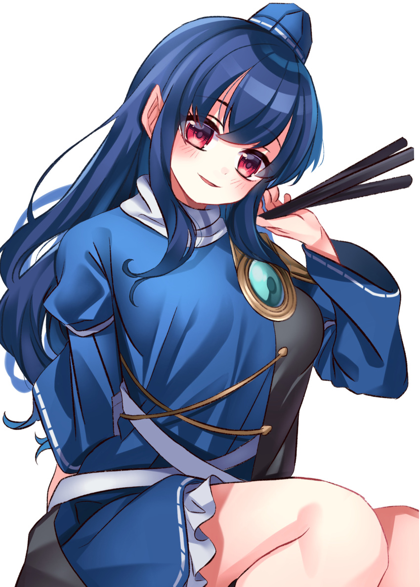 1girl absurdres armor bangs blue_dress blue_hair blush breasts dark_blue_hair dress hand_up hat head_tilt highres holding_tripod iizunamaru_megumu large_breasts long_hair long_sleeves looking_at_viewer meimei_(meimei89008309) parted_lips pauldrons petticoat pointy_ears red_eyes shoulder_armor simple_background single_pauldron sitting smile solo tokin_hat touhou tripod waistcoat white_background