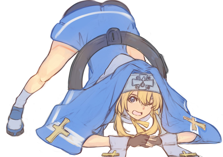 1boy arched_back arm_rest ass bike_shorts black_gloves blonde_hair blue_eyes bridget_(guilty_gear) cross cuffs fingerless_gloves flexible gloves guilty_gear guilty_gear_xx habit handcuffs hands_on_ground highres jack-o'_challenge latin_cross levvellevvel looking_at_viewer male_focus mars_symbol medium_hair meme nun one_eye_closed otoko_no_ko spread_legs top-down_bottom-up wide_spread_legs