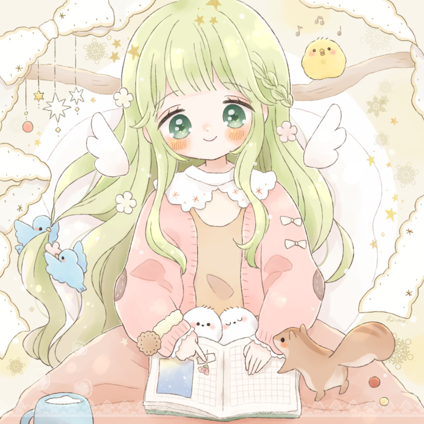 1girl animal animal_on_lap bangs bird blush book bow braid cardigan chick chipmunk collared_dress cookie cup detached_wings dress flower food green_eyes green_hair hair_flower hair_ornament highres hiiragi_hinana holding holding_book long_hair looking_down mini_wings mug musical_note on_lap original smile solo squirrel tape very_long_hair wings