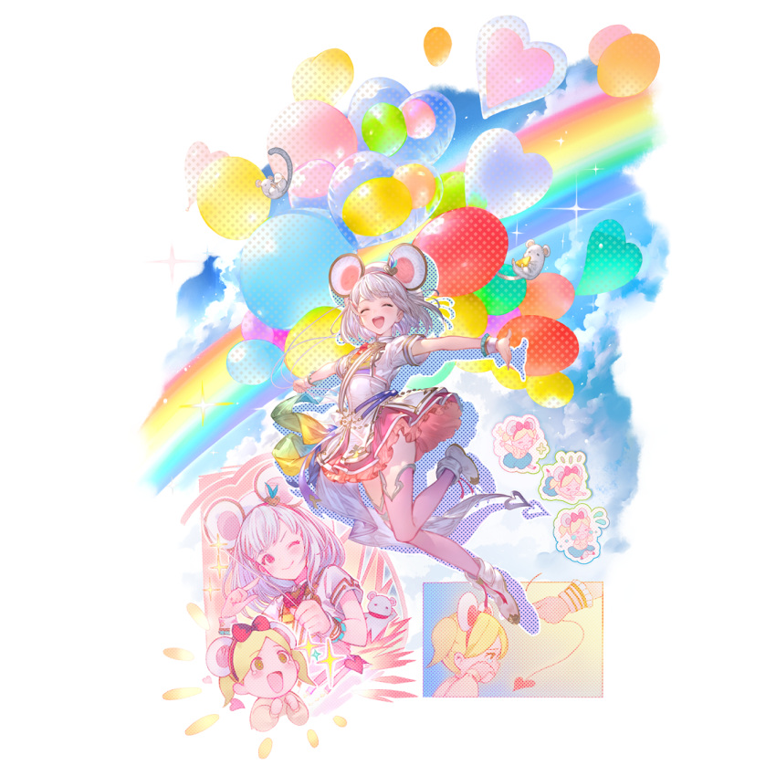 2girls animal_ears balloon bangs blonde_hair closed_mouth dress fake_animal_ears granblue_fantasy hairband holding holding_balloon looking_at_viewer medium_hair minaba_hideo mouse multiple_girls multiple_views official_art one_eye_closed open_mouth outstretched_arms pink_eyes pink_thighhighs polka_dot short_dress short_hair short_sleeves thighhighs transparent_background twintails vikala_(granblue_fantasy) white_footwear white_hair yellow_eyes