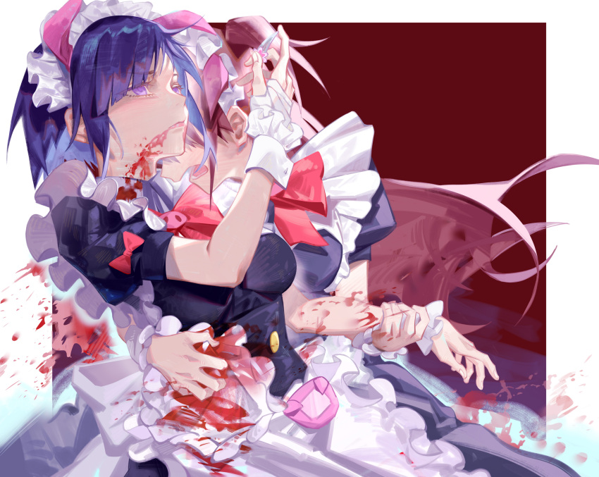 2girls akiba_maid_sensou animal_ears apron black_dress blood blood_from_mouth blood_on_clothes blood_on_face blood_splatter bow bowtie brown_hair commentary dress expressionless fake_animal_ears floating_hair frilled_hairband frills hairband highres holding_another's_wrist holding_hair_ornament hug injury long_hair maid maid_apron maid_headdress mannen_ranko multiple_girls open_mouth pig_ears purple_eyes purple_hair red_bow red_bowtie short_hair short_sleeves spoilers taotao_xun_jiejie two-tone_background upper_body wahira_nagomi wrist_cuffs