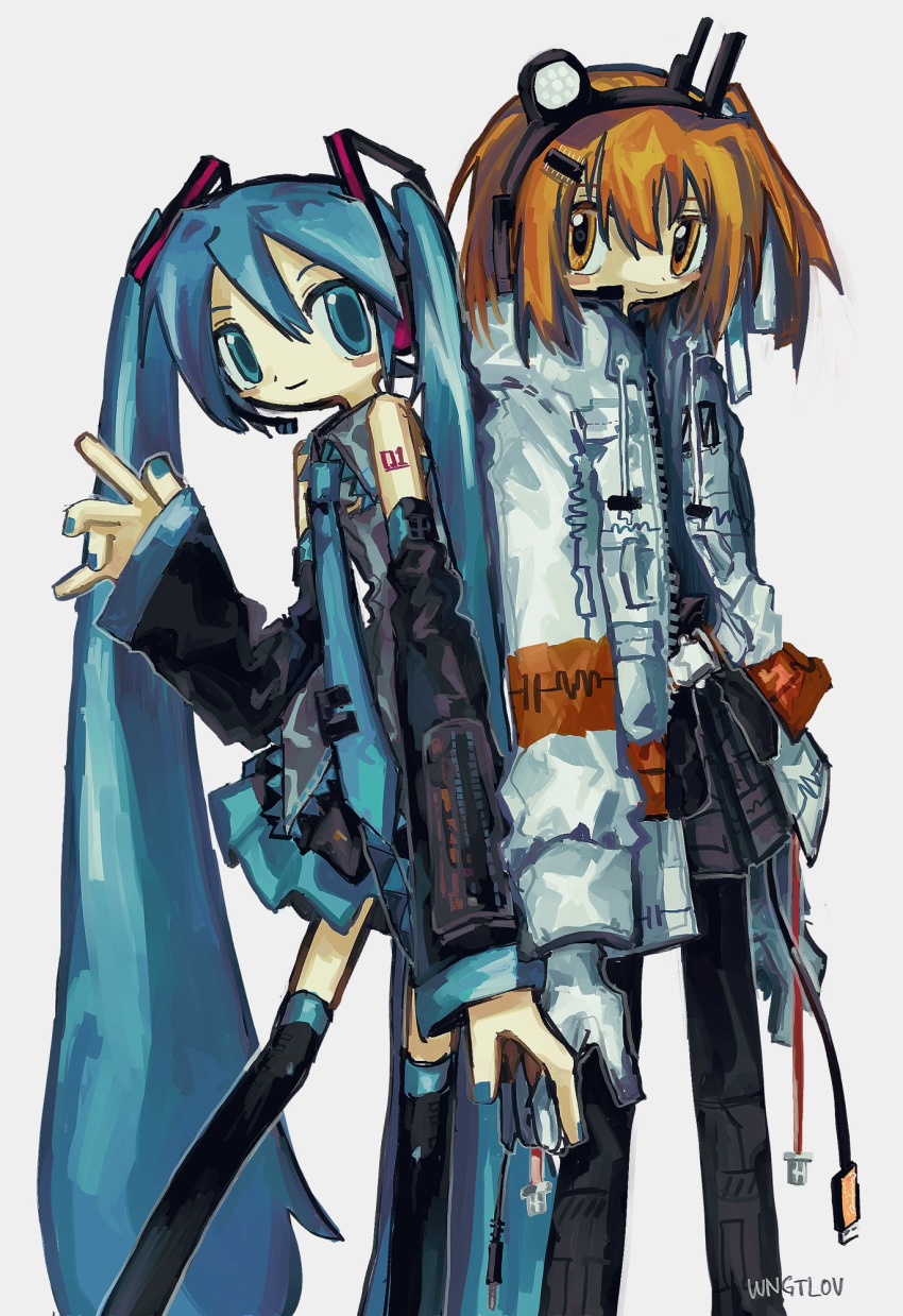 2girls a.i._voice adachi_rei aqua_eyes aqua_hair aqua_nails aqua_necktie arm_at_side arms_at_sides artificial_eye artist_name back-to-back bangs bare_shoulders belt belt_pouch black_leggings black_shirt black_skirt black_sleeves black_thighhighs blush_stickers cable commentary detached_sleeves feet_out_of_frame gloves grey_shirt grey_skirt hair_between_eyes hair_ornament hair_ribbon hairclip hand_up hatsune_miku headlamp headset highres interlocked_fingers jacket leggings long_hair looking_at_viewer mechanical_eye medium_hair microphone multiple_girls necktie number_tattoo open_clothes open_jacket orange_eyes pleated_skirt pouch radio_antenna ribbon shirt side_ponytail simple_background skirt sleeveless sleeveless_shirt smile standing tattoo thighhighs twintails utau utility_belt very_long_hair vocaloid waving white_background white_gloves white_jacket white_ribbon wngtlov