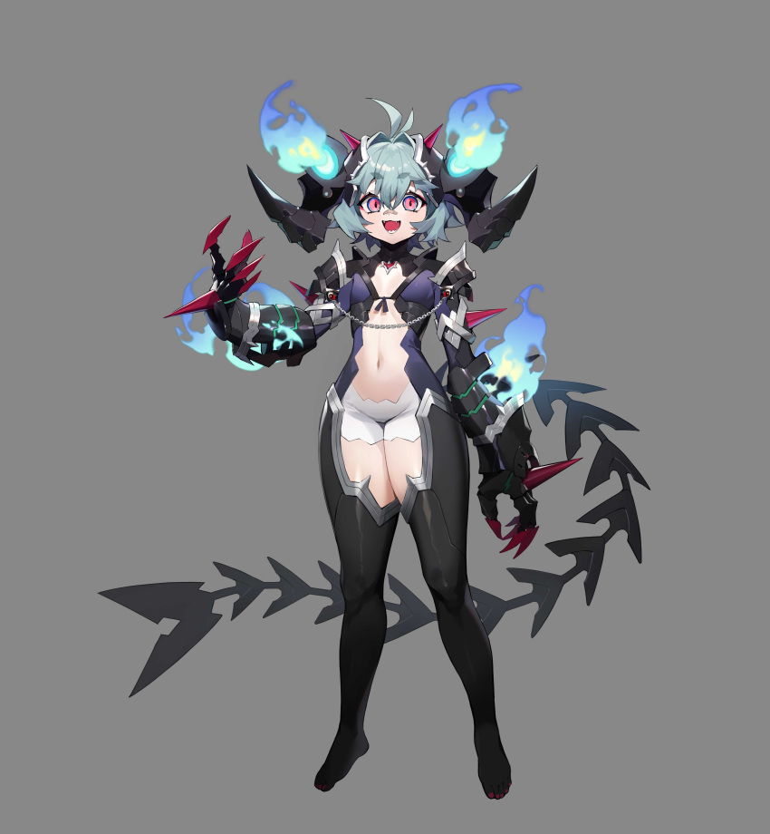 1girl absurdres alchemy_stars antenna_hair aqua_hair armor bandaid bandaid_on_face bandaid_on_nose black_footwear blue_fire boots breasts chain claws fangs fire flame frimet_(alchemy_stars) full_body gauntlets grey_background groin hair_intakes hand_up highres horns looking_at_viewer navel nori_tamahana official_art open_mouth pink_eyes short_hair shorts shoulder_armor simple_background small_breasts smile solo tail thigh_boots white_shorts