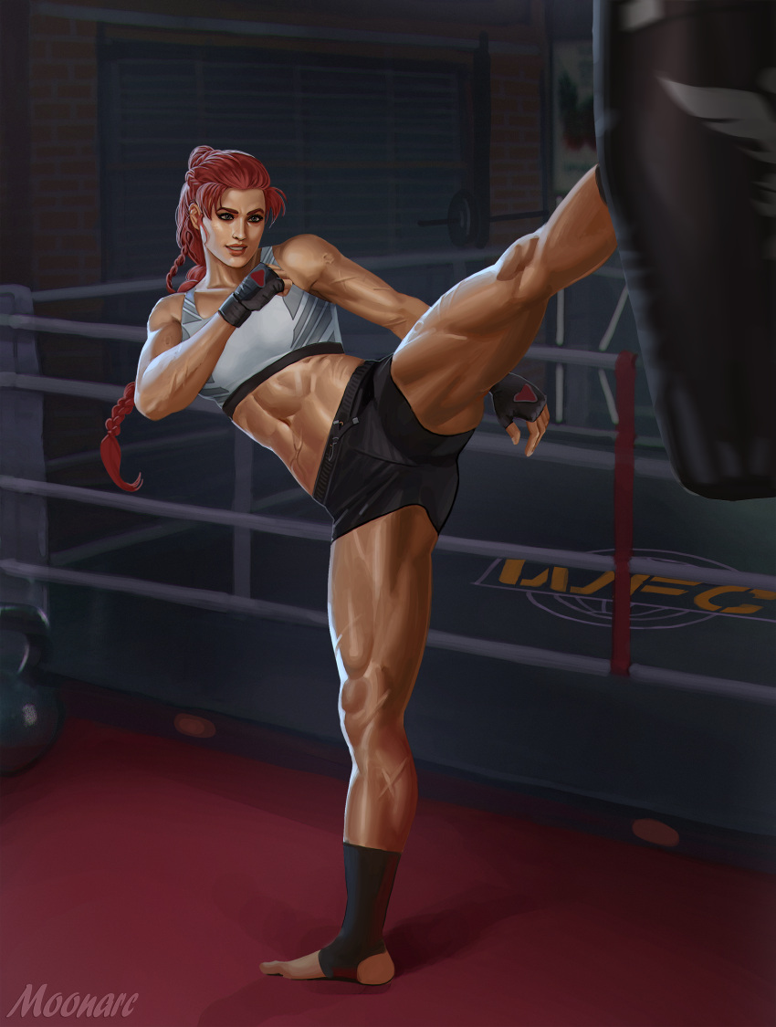 1girl abs absurdres audia_pahlevi boxing_ring commission fingerless_gloves gloves grey_eyes gym highres kettlebell kicking long_hair muscular muscular_female original punching_bag red_hair scar shorts smile solo tank_top toned