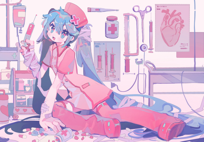 1girl aqua_eyes aqua_hair bandaged_arm bandages bandaid_on_wrist boots breasts diagram full_body hair_between_eyes hat hatsune_miku highres holding holding_syringe infirmary intravenous_drip koiiro_byoutou_(vocaloid) long_hair looking_at_viewer nurse nurse_cap open_mouth pill pill_bottle pink_headwear pink_shirt pink_theme red_footwear renzhi00334233 scissors shirt short_sleeves sitting small_breasts smile solo stethoscope syringe thermometer thigh_boots twintails vocaloid