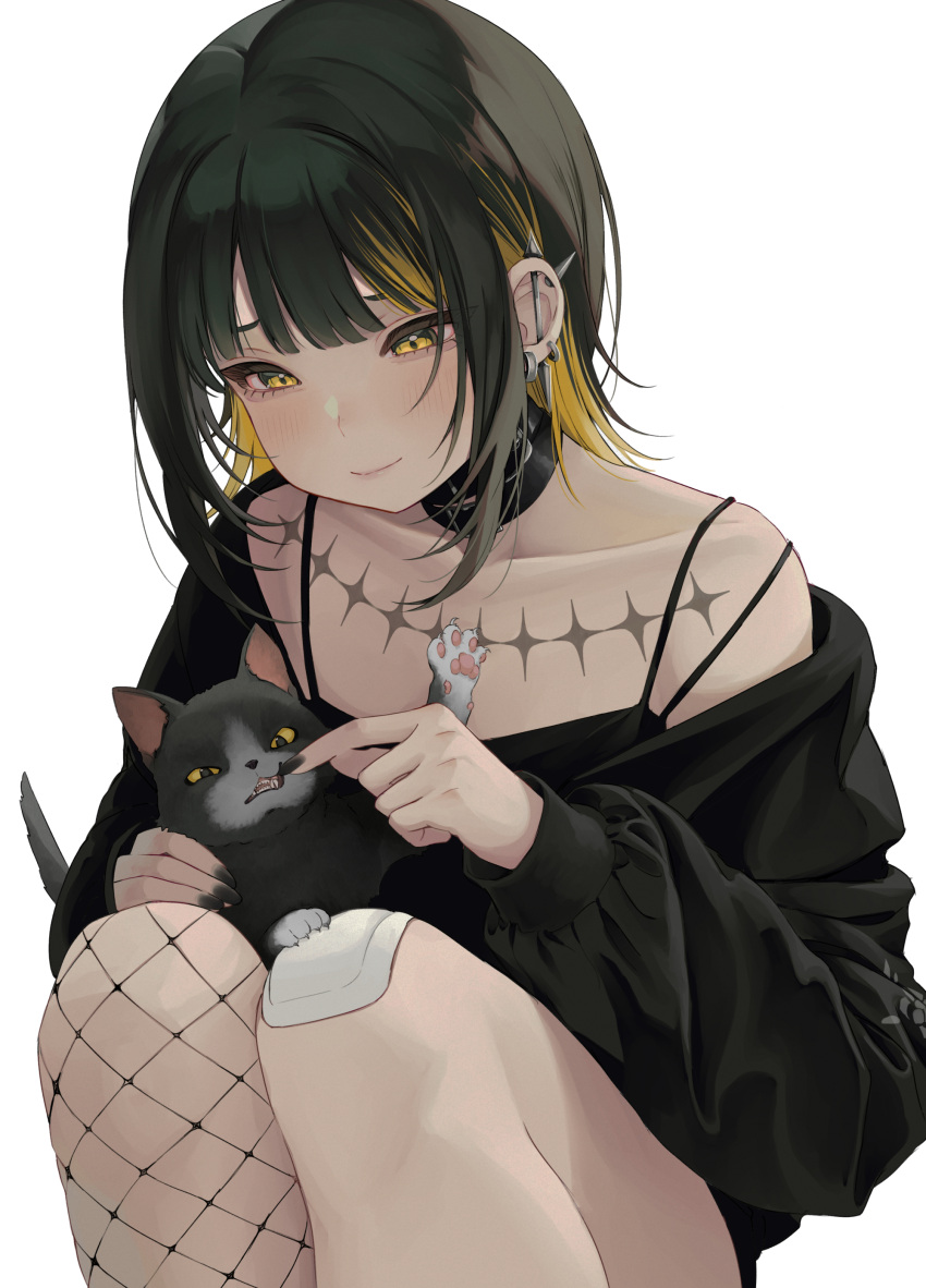 1girl a01macaron absurdres bandaid bandaid_on_knee bandaid_on_leg bangs bare_shoulders black_dress black_hair black_jacket blonde_hair blush cat collarbone dress ear_piercing fingernails flat_chest highres idolmaster idolmaster_shiny_colors ikaruga_luca jacket jacket_partially_removed looking_at_animal multicolored_hair nail_polish piercing simple_background single_fishnet_legwear solo squatting streaked_hair white_background