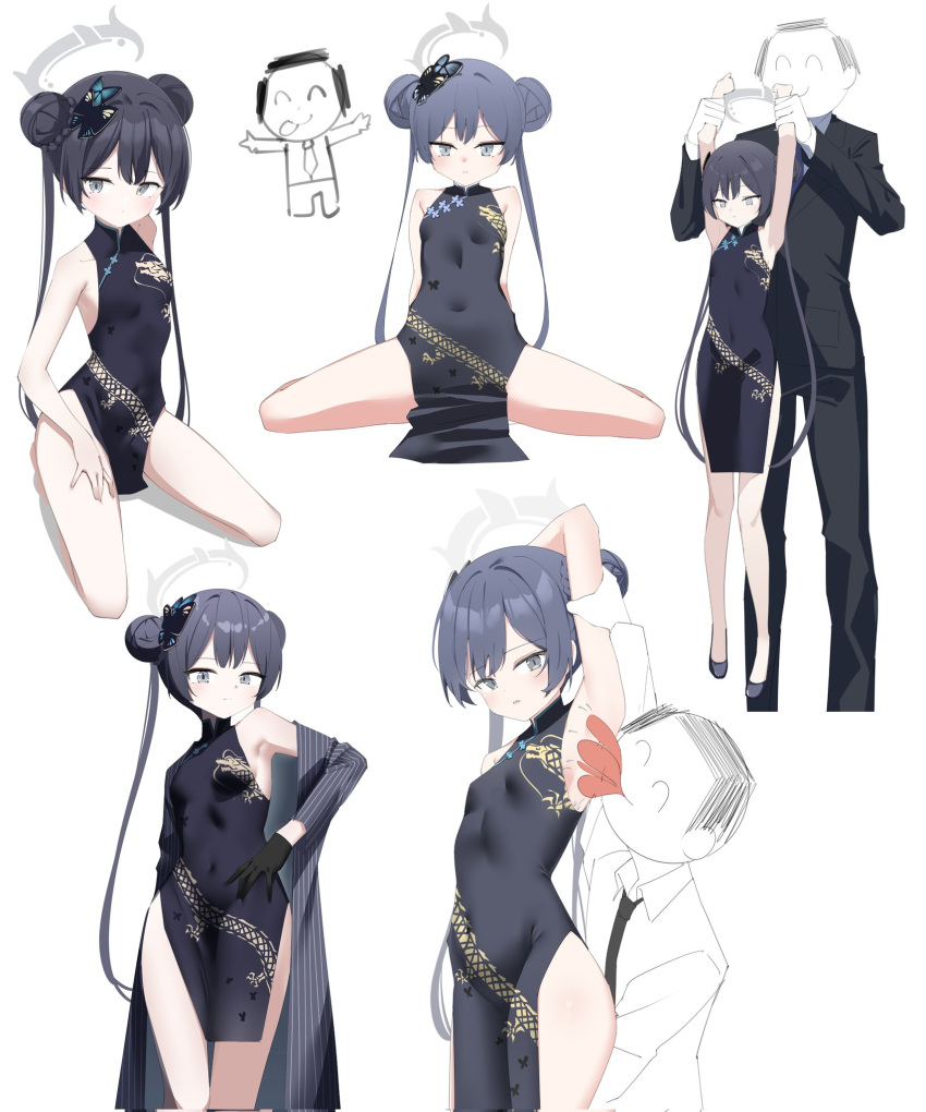 1boy 1girl armpits arms_up arona's_sensei_doodle_(blue_archive) arsyky14 bare_legs bare_shoulders black_dress black_eyes black_hair blue_archive breasts carrying china_dress chinese_clothes closed_eyes double_bun dress formal hair_bun half-closed_eyes highres kisaki_(blue_archive) licking licking_armpit off_shoulder pinstripe_pattern pinstripe_suit sensei_(blue_archive) small_breasts striped suit tongue tongue_out