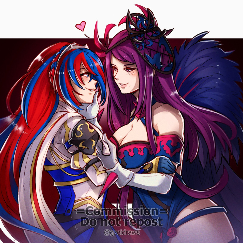 2girls alear_(female)_(fire_emblem) alear_(fire_emblem) bangs bare_shoulders blue_eyes blue_hair braid breasts cleavage couple crossed_bangs crown_braid dress elbow_gloves fire_emblem fire_emblem_engage gloves gzei heart heterochromia highres ivy_(fire_emblem) jewelry large_breasts long_hair mole mole_under_mouth multicolored_hair multiple_girls purple_eyes purple_hair red_eyes red_hair smile split-color_hair two-tone_hair very_long_hair white_gloves yuri