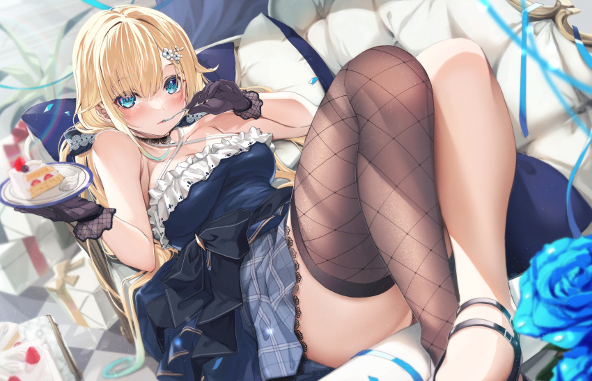 1girl absurdres aizawa_ema armpit_crease blonde_hair blue_eyes blue_flower blue_rose box cake choker collarbone confetti couch dress eating flower food formal frills fruit gift gift_box gloves hair_ornament hairclip highres long_hair looking_at_viewer lying on_back rose ruo single_thighhigh solo strawberry strawberry_shortcake thighhighs thighs virtual_youtuber vspo!