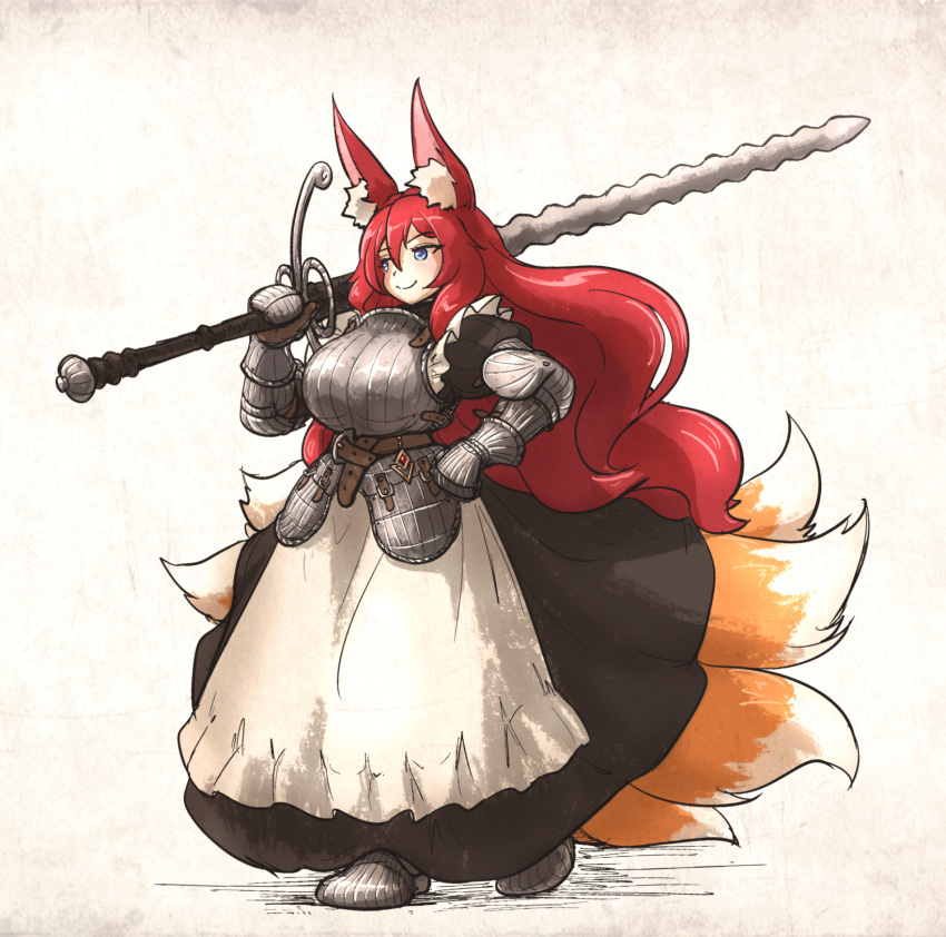 1girl animal_ears apron armor armored_boots boots breastplate commentary commission dress english_commentary flamberge fox_ears fox_tail frills gauntlets highres holding holding_sword holding_weapon ironlily long_hair maid multiple_tails original red_hair solo sword tail weapon