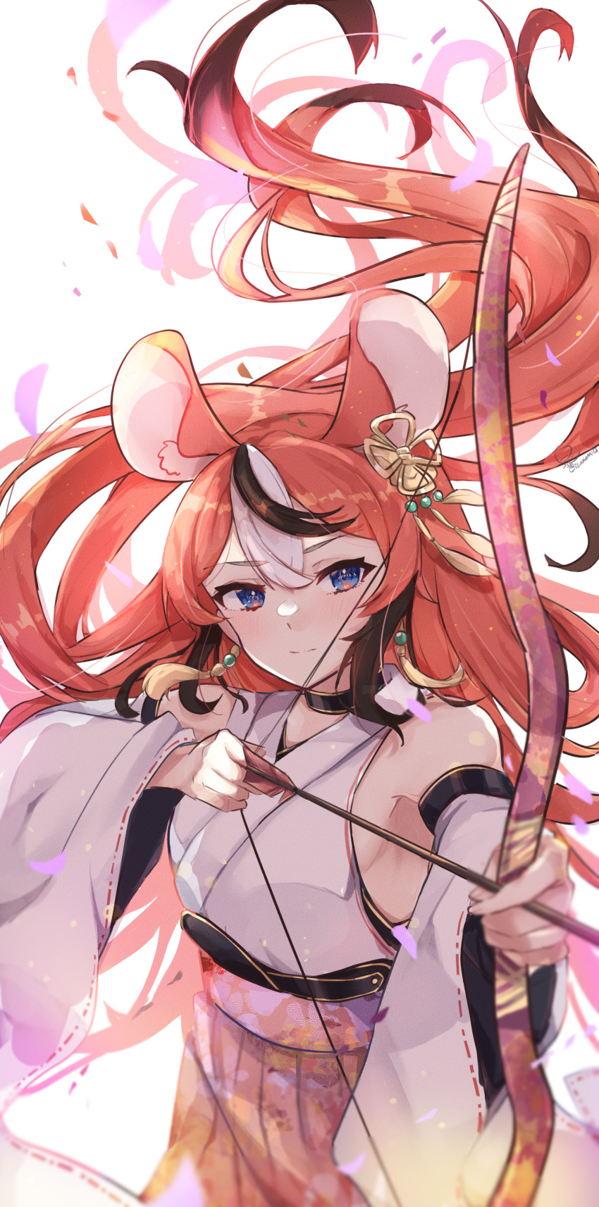 1girl absurdres animal_ears arrow_(projectile) bangs black_hair blue_eyes bow_(weapon) detached_sleeves drawing_bow earrings hakos_baelz highres hirasawa_izumi holding holding_bow_(weapon) holding_weapon hololive hololive_english japanese_clothes jewelry long_hair miko mouse_ears mouse_girl multicolored_hair petals red_hair streaked_hair virtual_youtuber weapon white_hair wide_sleeves wind yumi_(bow)