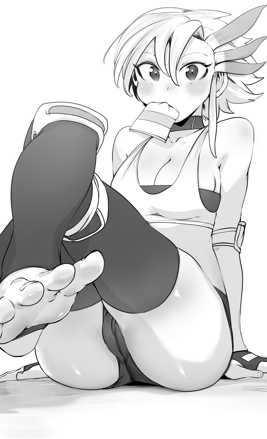 1girl absurdres anklet bandeau black_thighhighs blush breasts cameltoe eating feet fingerless_gloves foreshortening gloves greyscale groin highres jewelry looking_at_viewer lowleg lowleg_panties monochrome navel niwarhythm no_shoes original panties short_hair sitting skindentation soles solo stirrup_legwear thighhighs toeless_legwear toes touka_the_undefeated_(niwarhythm) underwear