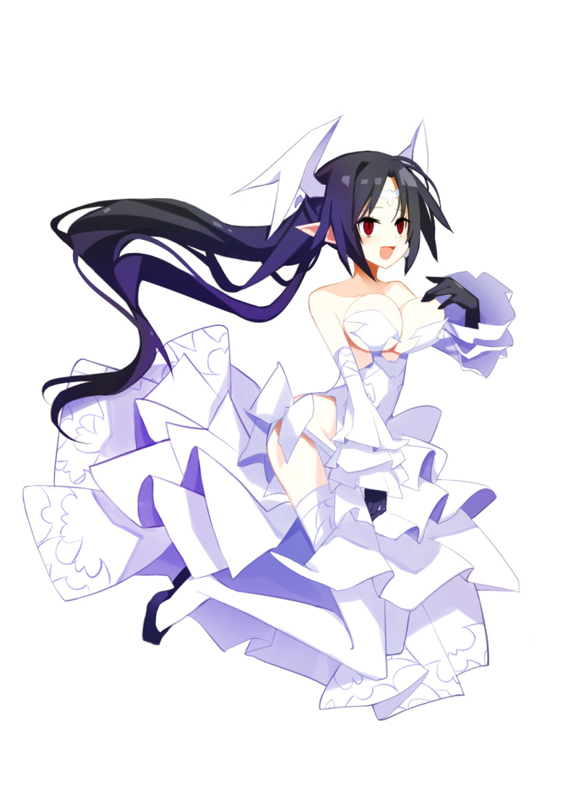 1girl bare_shoulders black_gloves black_hair breasts choker cleavage detached_sleeves disgaea dress earrings gloves head_wings highres jewelry large_breasts long_hair makai_senki_disgaea_6 melodia_(disgaea) nanozenzen pointy_ears red_eyes simple_background smile solo thighhighs white_background white_choker white_dress white_sleeves white_thighhighs