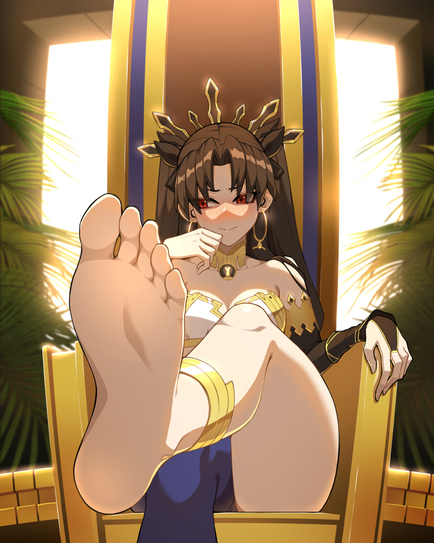 1girl absurdres anklet armlet bangs barefoot bikini black_thighhighs bracelet breasts brown_hair detached_sleeves duplicate earrings fate/grand_order fate_(series) feet foot_focus foreshortening gold_trim hair_ribbon highres hoop_earrings hyperbudd ishtar_(fate) jewelry legs long_hair looking_to_the_side medium_breasts mismatched_bikini neck_ring parted_bangs pixel-perfect_duplicate presenting_foot red_eyes ribbon single_detached_sleeve single_thighhigh sitting soles solo swimsuit thighhighs thighlet throne tiara toes two_side_up