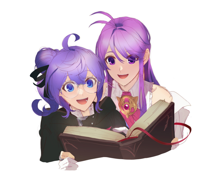 2girls aether_sage_(elsword) ahoge aisha_landar antenna_hair ascot bangs bare_shoulders black_cape black_ribbon blue_eyes book cape commentary_request cousins cropped_torso dress elsword glasses gloves hair_between_eyes hair_bun hair_ribbon height_difference highres holding holding_book jacket korean_commentary long_hair multiple_girls nt_0803 off_shoulder open_book open_clothes open_jacket pink_ascot purple_eyes purple_hair ribbon short_hair side_ponytail simple_background single_hair_bun swept_bangs teeth upper_teeth_only white_background white_dress white_gloves white_jacket yuria_landar