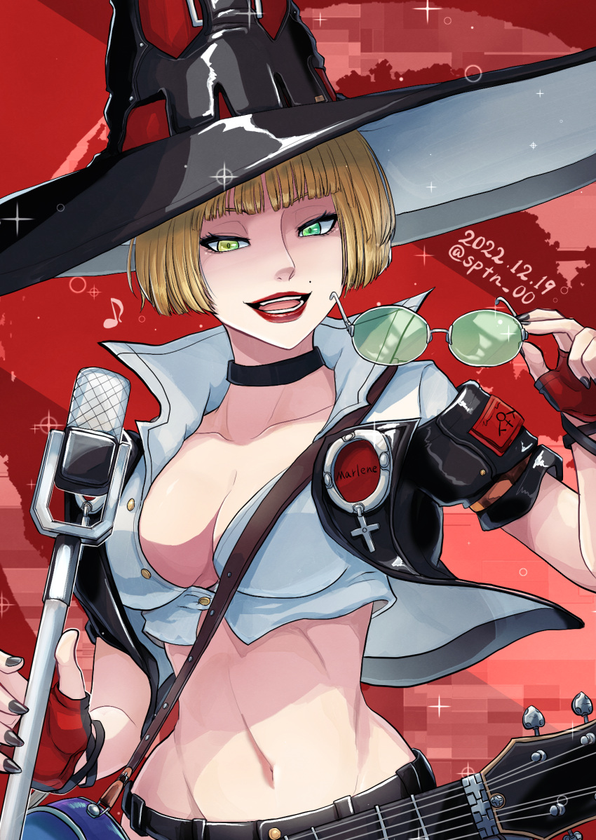 1girl alternate_color bangs black_headwear black_nails blonde_hair breasts electric_guitar eyewear_removed green_eyes guilty_gear guilty_gear_strive guitar hat heterochromia highres holding holding_eyewear i-no instrument lipstick makeup microphone microphone_stand mole mole_above_mouth nail_polish navel open_mouth red_lips short_hair smile solo sptn_00 witch_hat yellow_eyes