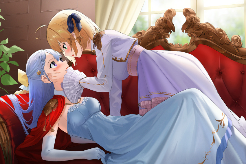 2girls ahoge anisphia_wynn_palettia arm_support blonde_hair blue_hair blush bow breasts capelet commentary_request commission couch curtains day dress elbow_gloves euphyllia_magenta eye_contact gloves green_eyes hair_bow hair_ornament hand_on_another's_cheek hand_on_another's_face harunii_(pvza4475) highres indoors long_hair looking_at_another lying medium_breasts multiple_girls on_back pixiv_commission plant potted_plant purple_eyes red_capelet short_hair smile straddling sunlight tensei_oujo_to_tensai_reijou_no_mahou_kakumei wavy_mouth white_gloves window yuri