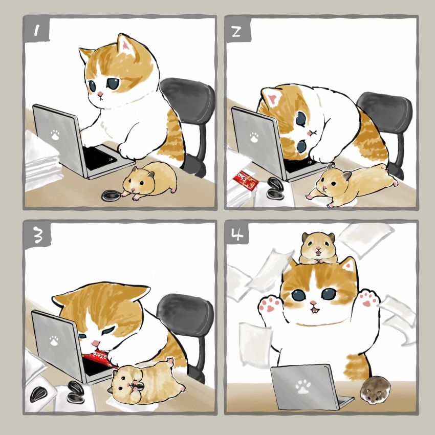 blue_eyes cat chair computer desk hamster highres juno_(mofu_sand) laptop no_humans numbered_panels office_chair original paper