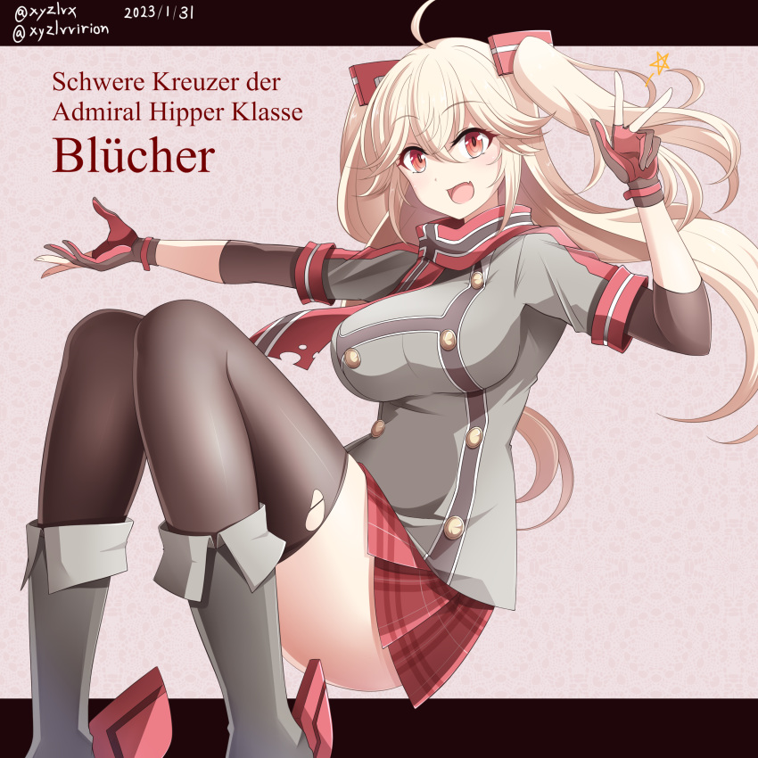 1girl :d absurdres ahoge azur_lane bangs black_gloves black_thighhighs blonde_hair bluecher_(azur_lane) boots breasts buttons character_name commentary_request dated double-breasted elbow_sleeve fang gloves grey_footwear grey_shirt hair_between_eyes hair_ornament hebitsukai-san highres knee_boots large_breasts long_hair looking_at_viewer miniskirt multicolored_clothes multicolored_scarf open_mouth partially_fingerless_gloves pleated_skirt red_eyes red_gloves red_scarf red_skirt scarf shirt short_sleeves sidelocks skin_fang skindentation skirt smile solo star_(symbol) thighhighs torn_clothes torn_thighhighs twitter_username two-tone_gloves two_side_up v zettai_ryouiki
