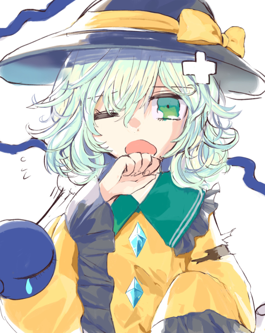 1girl bandaid bandaid_on_head black_headwear bow buttons collar crossed_bandaids defeat diamond_button eyelashes flying_sweatdrops frilled_collar frilled_sleeves frills furrowed_brow green_eyes green_hair green_sailor_collar hand_to_own_mouth hand_up hat hat_bow highres komeiji_koishi long_sleeves medium_hair one_eye_closed open_mouth sailor_collar shirt simple_background sketch sleeves_past_fingers sleeves_past_wrists solo tears third_eye torn_clothes touhou tsukikusa upper_body wavy_hair white_background yellow_bow yellow_shirt
